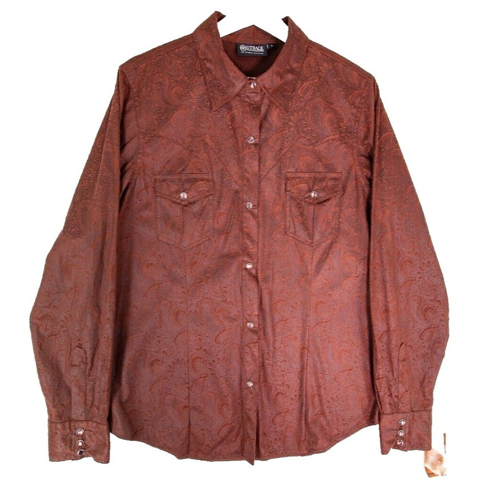 Outback Trading Company Paisley Shirt Pearl Snap Women's Large Rust Suede NWT